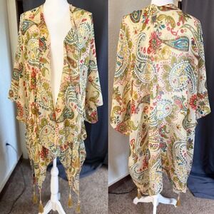 Amanda Blu Womens One Size Paisley Open Front Kimono Wrap Tassel Hem Cream Multi
